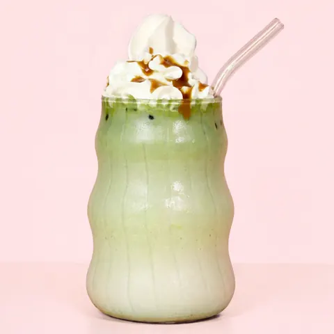 Caramel Matcha at WEPE, Pererenan, Bali. Creamy matcha latte with a caramel drizzle on whipped cream