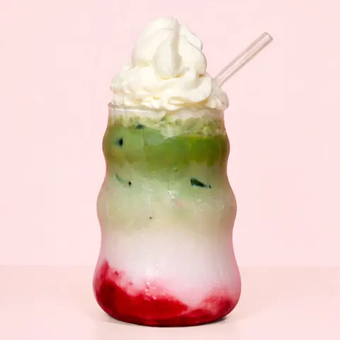 Strawberry Matcha at WEPE, Pererenan, Bali. Strawberry purée, milk and matcha in three layers